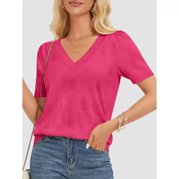 imageATHMILE Summer Tops for Women 2024 Short Sleeve V Neck Sweaters Dressy Casual Blouses Lightweight Thin Knit Fashion ShirtsHot Pink