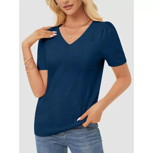imageATHMILE Summer Tops for Women 2024 Short Sleeve V Neck Sweaters Dressy Casual Blouses Lightweight Thin Knit Fashion ShirtsDark Blue