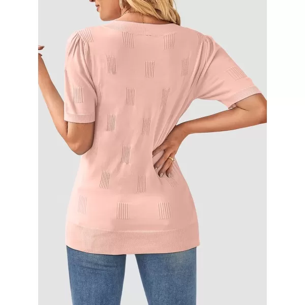 imageATHMILE Summer Tops for Women 2024 Short Sleeve V Neck Sweaters Dressy Casual Blouses Lightweight Thin Knit Fashion ShirtsPink