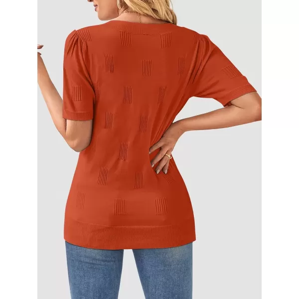 imageATHMILE Summer Tops for Women 2024 Short Sleeve V Neck Sweaters Dressy Casual Blouses Lightweight Thin Knit Fashion ShirtsRust