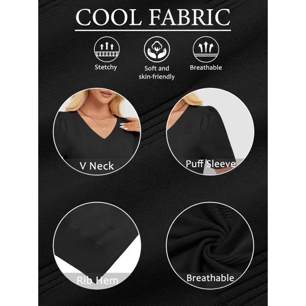 imageATHMILE Summer Tops for Women 2024 Short Sleeve V Neck Sweaters Dressy Casual Blouses Lightweight Thin Knit Fashion ShirtsBlack