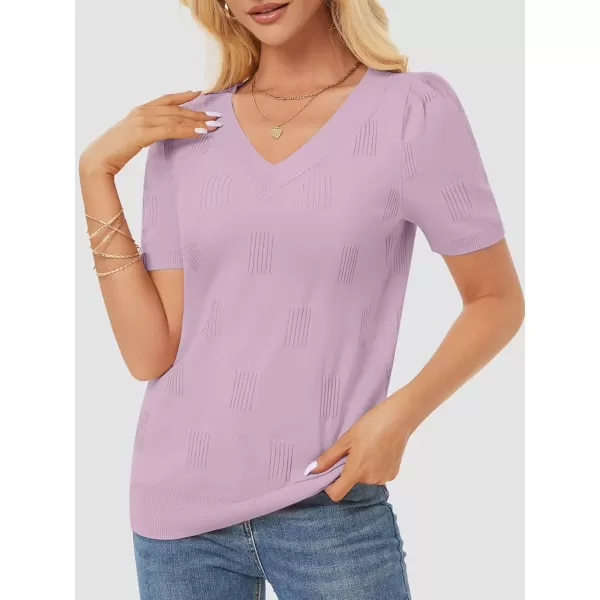 imageATHMILE Summer Tops for Women 2024 Short Sleeve V Neck Sweaters Dressy Casual Blouses Lightweight Thin Knit Fashion ShirtsLight Purple