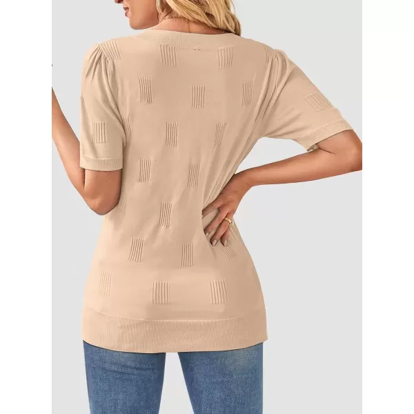 imageATHMILE Summer Tops for Women 2024 Short Sleeve V Neck Sweaters Dressy Casual Blouses Lightweight Thin Knit Fashion ShirtsApricot