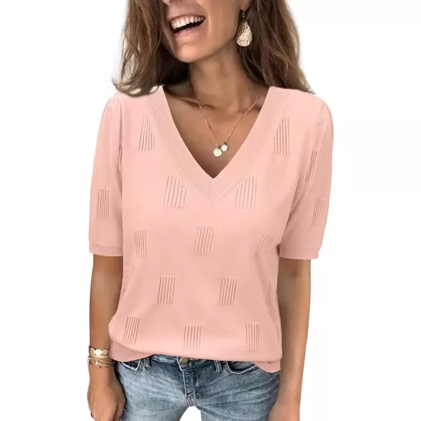 imageATHMILE Summer Tops for Women 2024 Short Sleeve V Neck Sweaters Dressy Casual Blouses Lightweight Thin Knit Fashion ShirtsPink