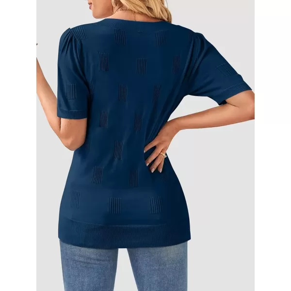 imageATHMILE Summer Tops for Women 2024 Short Sleeve V Neck Sweaters Dressy Casual Blouses Lightweight Thin Knit Fashion ShirtsDark Blue