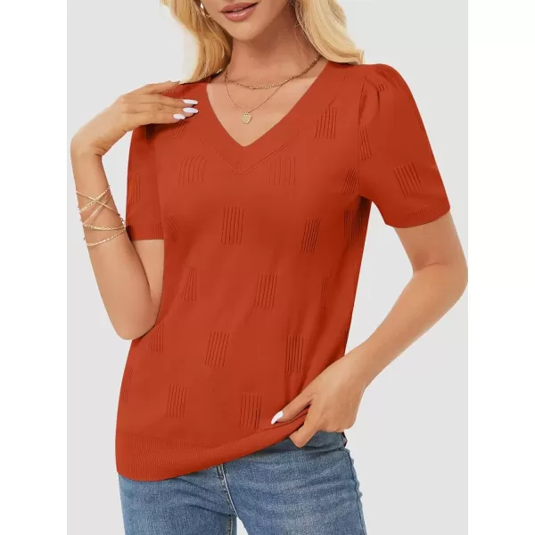 imageATHMILE Summer Tops for Women 2024 Short Sleeve V Neck Sweaters Dressy Casual Blouses Lightweight Thin Knit Fashion ShirtsRust