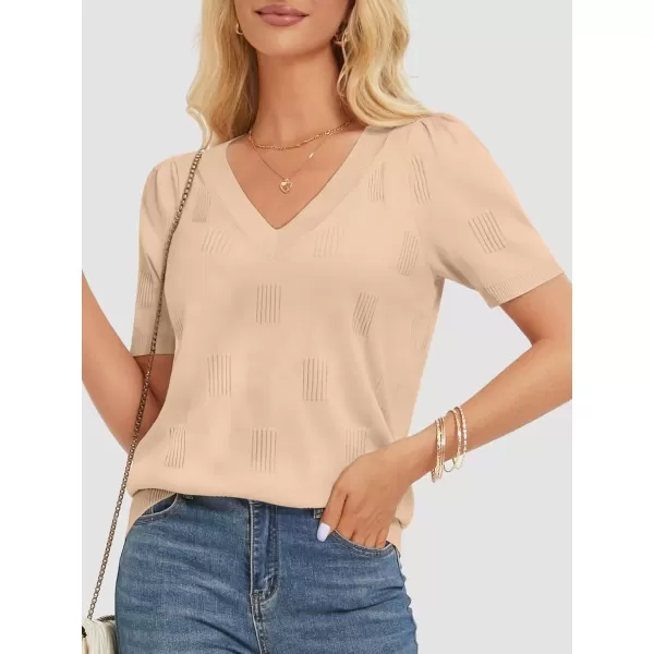 imageATHMILE Summer Tops for Women 2024 Short Sleeve V Neck Sweaters Dressy Casual Blouses Lightweight Thin Knit Fashion ShirtsApricot