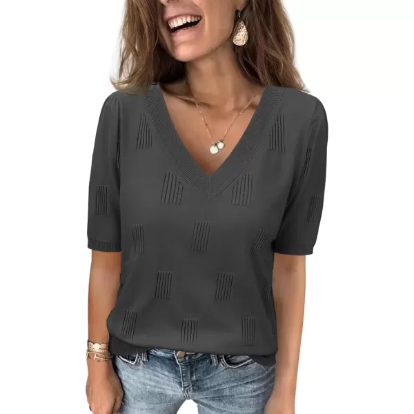 imageATHMILE Summer Tops for Women 2024 Short Sleeve V Neck Sweaters Dressy Casual Blouses Lightweight Thin Knit Fashion ShirtsDark Grey