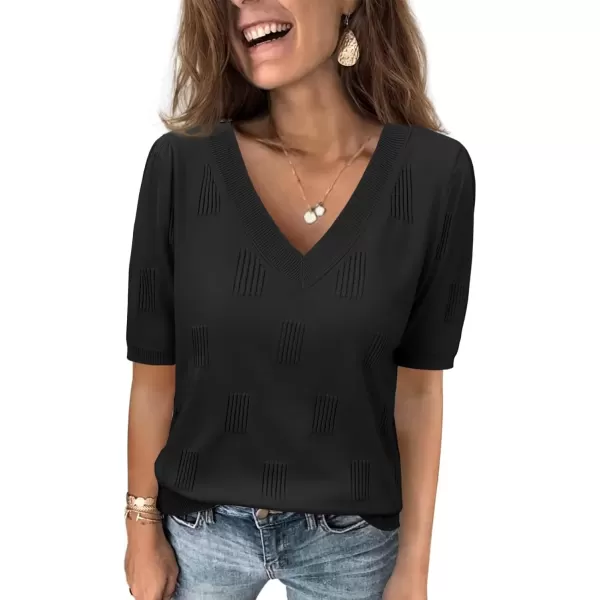 imageATHMILE Summer Tops for Women 2024 Short Sleeve V Neck Sweaters Dressy Casual Blouses Lightweight Thin Knit Fashion ShirtsBlack