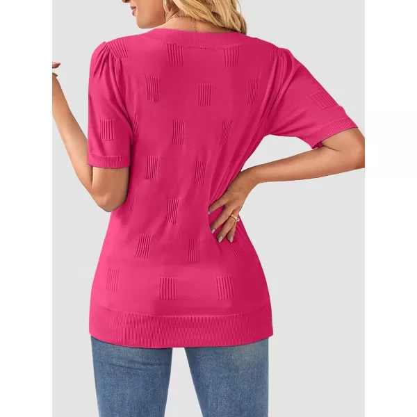 imageATHMILE Summer Tops for Women 2024 Short Sleeve V Neck Sweaters Dressy Casual Blouses Lightweight Thin Knit Fashion ShirtsHot Pink