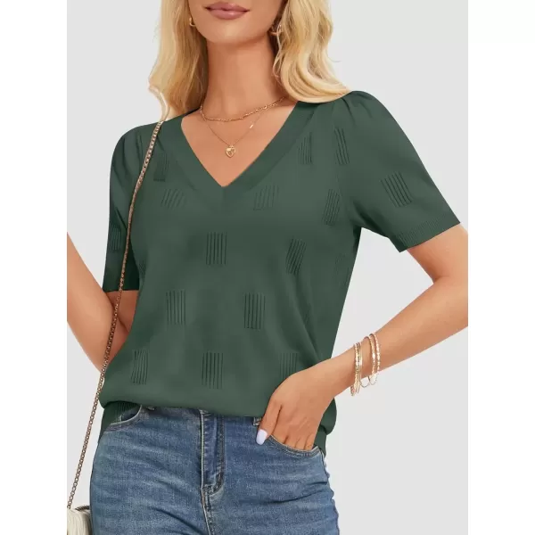 imageATHMILE Summer Tops for Women 2024 Short Sleeve V Neck Sweaters Dressy Casual Blouses Lightweight Thin Knit Fashion ShirtsGrey Green