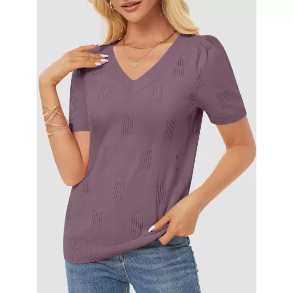 imageATHMILE Summer Tops for Women 2024 Short Sleeve V Neck Sweaters Dressy Casual Blouses Lightweight Thin Knit Fashion ShirtsGrey Purple