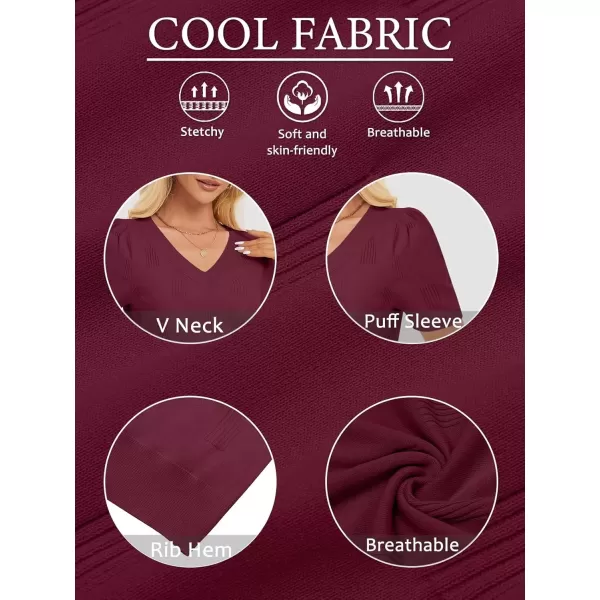 imageATHMILE Summer Tops for Women 2024 Short Sleeve V Neck Sweaters Dressy Casual Blouses Lightweight Thin Knit Fashion ShirtsWine