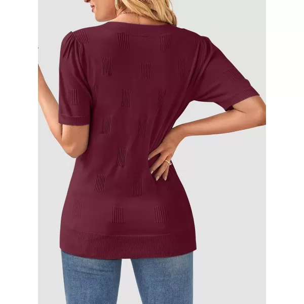 imageATHMILE Summer Tops for Women 2024 Short Sleeve V Neck Sweaters Dressy Casual Blouses Lightweight Thin Knit Fashion ShirtsWine