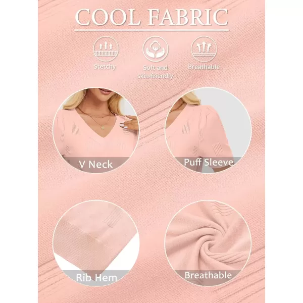 imageATHMILE Summer Tops for Women 2024 Short Sleeve V Neck Sweaters Dressy Casual Blouses Lightweight Thin Knit Fashion ShirtsPink