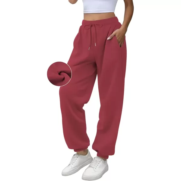 imageATHMILE Sweatpants Women Fleece Pockets Winter Fall Fashion Baggy Lounge Pants JoggersWine Red