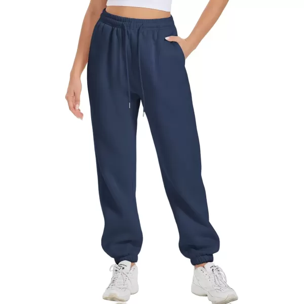 imageATHMILE Sweatpants Women Fleece Pockets Winter Fall Fashion Baggy Lounge Pants JoggersNavy