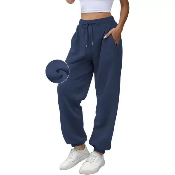 imageATHMILE Sweatpants Women Fleece Pockets Winter Fall Fashion Baggy Lounge Pants JoggersNavy