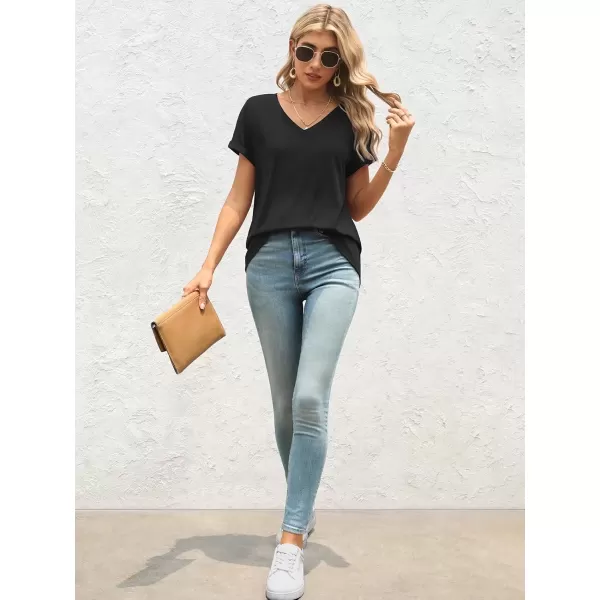 imageATHMILE T Shirts Short Sleeve V Neck Tees for Women Fashion Tops Trendy Lightweight Soft Casual Summer Outfits Clothes 2024Black