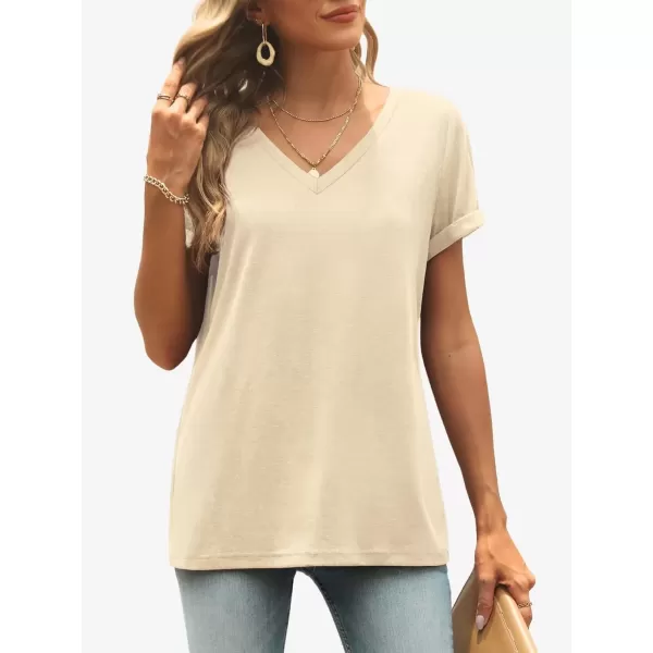 imageATHMILE T Shirts Short Sleeve V Neck Tees for Women Fashion Tops Trendy Lightweight Soft Casual Summer Outfits Clothes 2024Cream