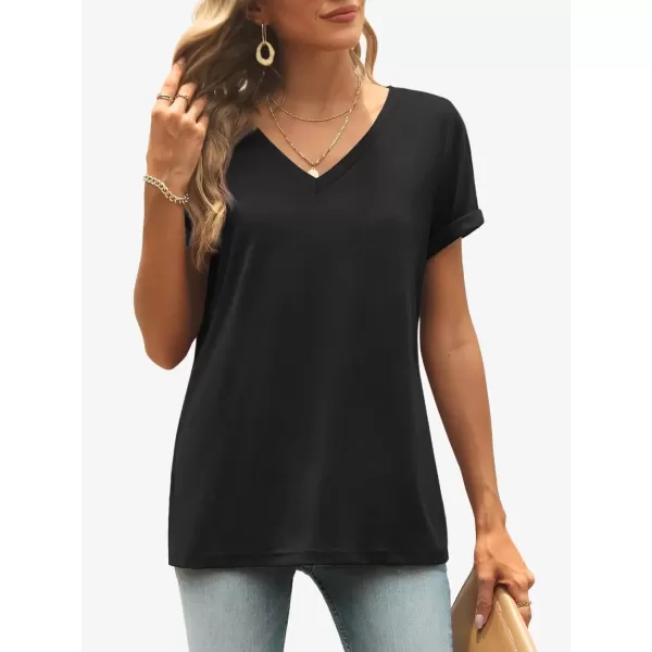 imageATHMILE T Shirts Short Sleeve V Neck Tees for Women Fashion Tops Trendy Lightweight Soft Casual Summer Outfits Clothes 2024Black