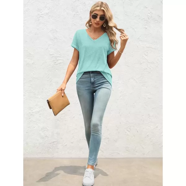 imageATHMILE T Shirts Short Sleeve V Neck Tees for Women Fashion Tops Trendy Lightweight Soft Casual Summer Outfits Clothes 2024Aqua