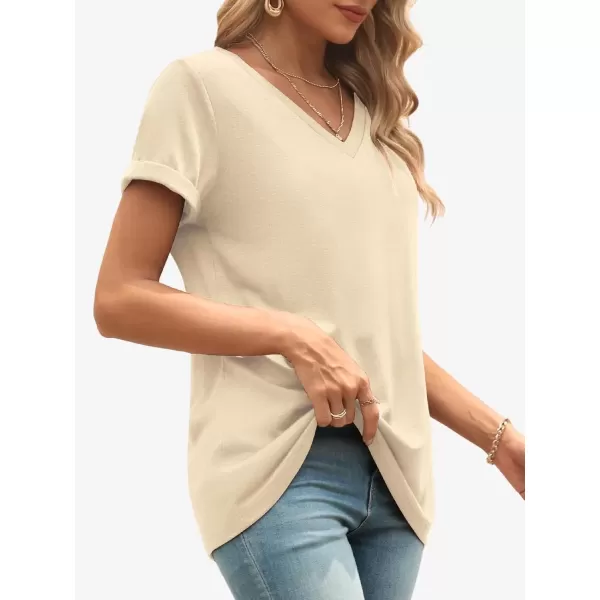 imageATHMILE T Shirts Short Sleeve V Neck Tees for Women Fashion Tops Trendy Lightweight Soft Casual Summer Outfits Clothes 2024Cream