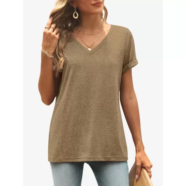 imageATHMILE T Shirts Short Sleeve V Neck Tees for Women Fashion Tops Trendy Lightweight Soft Casual Summer Outfits Clothes 2024Coffee