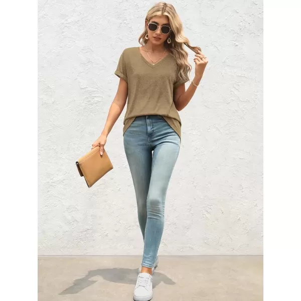 imageATHMILE T Shirts Short Sleeve V Neck Tees for Women Fashion Tops Trendy Lightweight Soft Casual Summer Outfits Clothes 2024Coffee