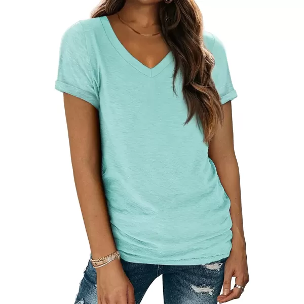 imageATHMILE T Shirts Short Sleeve V Neck Tees for Women Fashion Tops Trendy Lightweight Soft Casual Summer Outfits Clothes 2024Aqua