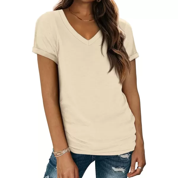 imageATHMILE T Shirts Short Sleeve V Neck Tees for Women Fashion Tops Trendy Lightweight Soft Casual Summer Outfits Clothes 2024Cream