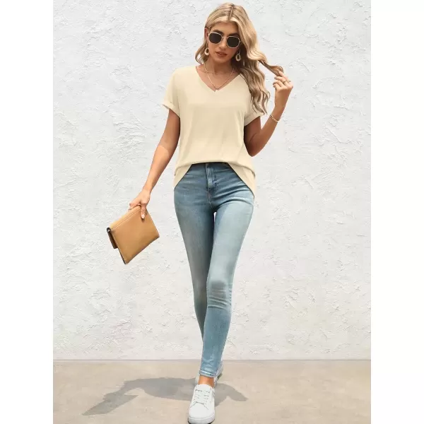 imageATHMILE T Shirts Short Sleeve V Neck Tees for Women Fashion Tops Trendy Lightweight Soft Casual Summer Outfits Clothes 2024Cream