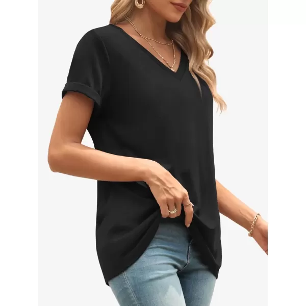 imageATHMILE T Shirts Short Sleeve V Neck Tees for Women Fashion Tops Trendy Lightweight Soft Casual Summer Outfits Clothes 2024Black