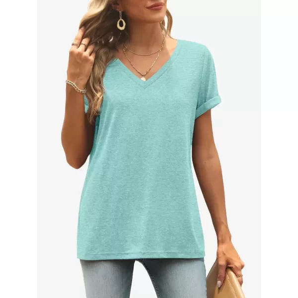 imageATHMILE T Shirts Short Sleeve V Neck Tees for Women Fashion Tops Trendy Lightweight Soft Casual Summer Outfits Clothes 2024Aqua