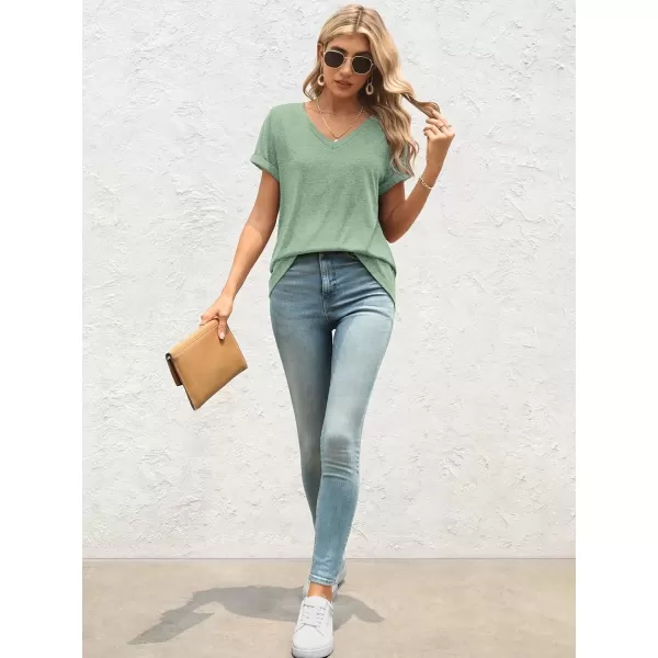 imageATHMILE T Shirts Short Sleeve V Neck Tees for Women Fashion Tops Trendy Lightweight Soft Casual Summer Outfits Clothes 2024Lightgreen