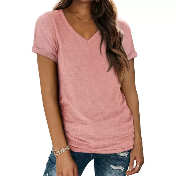 imageATHMILE T Shirts Short Sleeve V Neck Tees for Women Fashion Tops Trendy Lightweight Soft Casual Summer Outfits Clothes 2024Lightpink