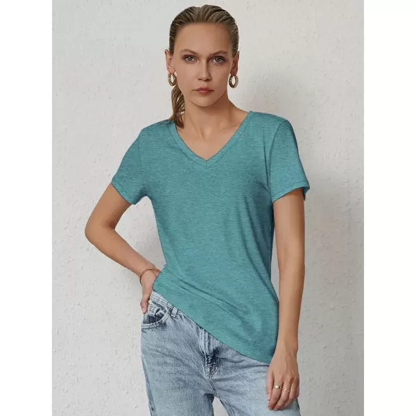 imageATHMILE T Shirts Short Sleeve V Neck Tees for Women Fashion Tops Trendy Soft Casual Summer Clothes Outfits 2024Blue Green