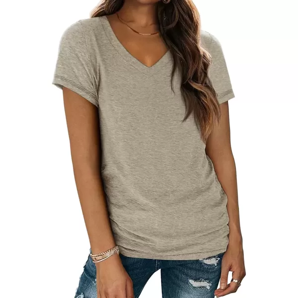 imageATHMILE T Shirts Short Sleeve V Neck Tees for Women Fashion Tops Trendy Soft Casual Summer Clothes Outfits 2024Coffe Grey
