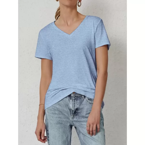 imageATHMILE T Shirts Short Sleeve V Neck Tees for Women Fashion Tops Trendy Soft Casual Summer Clothes Outfits 2024Ice Blue