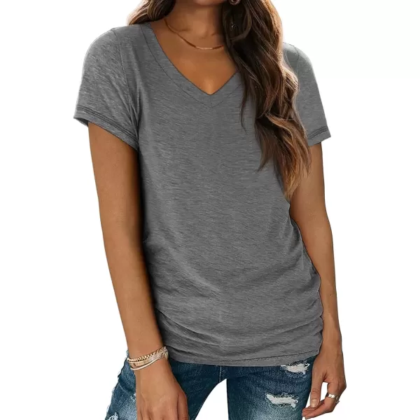 imageATHMILE T Shirts Short Sleeve V Neck Tees for Women Fashion Tops Trendy Soft Casual Summer Clothes Outfits 2024Gray