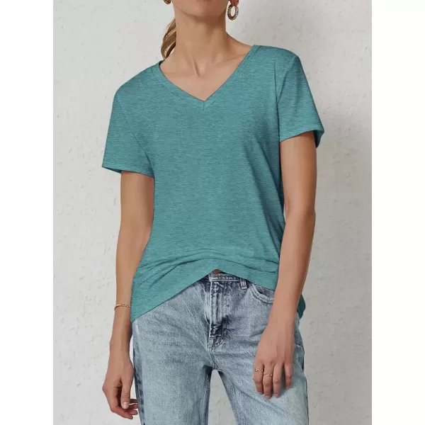 imageATHMILE T Shirts Short Sleeve V Neck Tees for Women Fashion Tops Trendy Soft Casual Summer Clothes Outfits 2024Blue Green