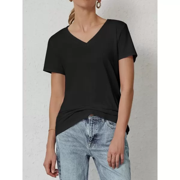 imageATHMILE T Shirts Short Sleeve V Neck Tees for Women Fashion Tops Trendy Soft Casual Summer Clothes Outfits 2024Black