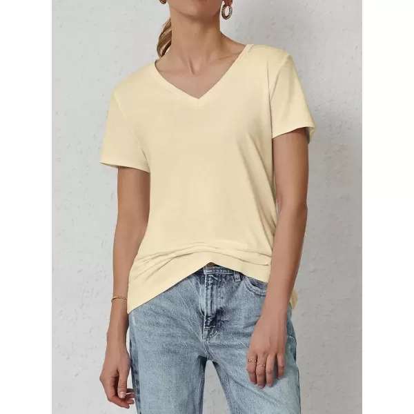 imageATHMILE T Shirts Short Sleeve V Neck Tees for Women Fashion Tops Trendy Soft Casual Summer Clothes Outfits 2024Cream