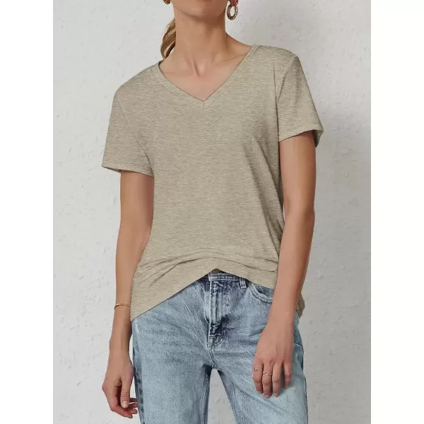 imageATHMILE T Shirts Short Sleeve V Neck Tees for Women Fashion Tops Trendy Soft Casual Summer Clothes Outfits 2024Coffe Grey