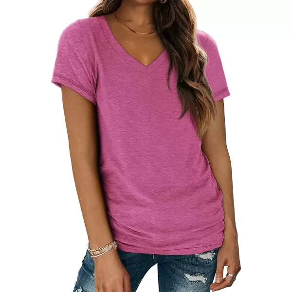 imageATHMILE T Shirts Short Sleeve V Neck Tees for Women Fashion Tops Trendy Soft Casual Summer Clothes Outfits 2024Hotpink