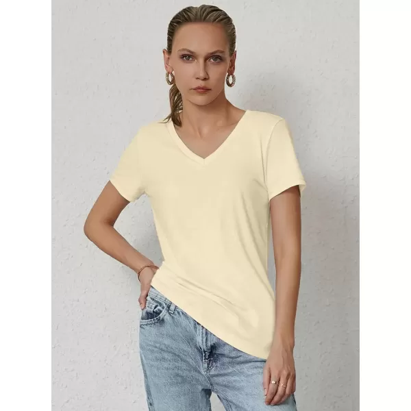 imageATHMILE T Shirts Short Sleeve V Neck Tees for Women Fashion Tops Trendy Soft Casual Summer Clothes Outfits 2024Cream