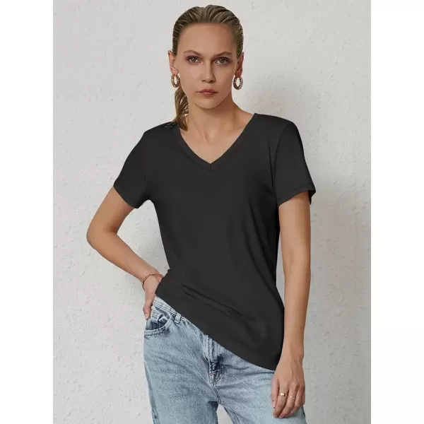 imageATHMILE T Shirts Short Sleeve V Neck Tees for Women Fashion Tops Trendy Soft Casual Summer Clothes Outfits 2024Black