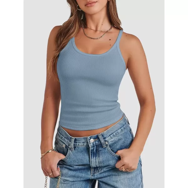 imageATHMILE Women Tank Top Sleeveless Scoop Neck Form Fitting Ribbed Knit Basic Cami Shirts1haze Blueshort