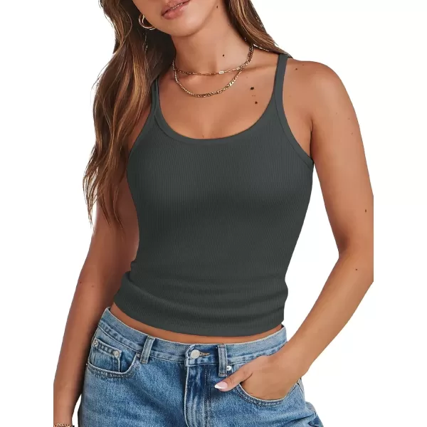 imageATHMILE Women Tank Top Sleeveless Scoop Neck Form Fitting Ribbed Knit Basic Cami Shirts1dark Greyshort