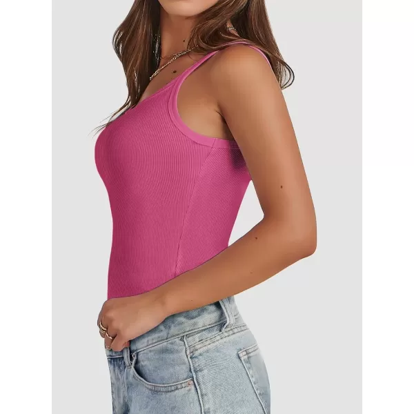 imageATHMILE Women Tank Top Sleeveless Scoop Neck Form Fitting Ribbed Knit Basic Cami Shirts2hot Pinklong